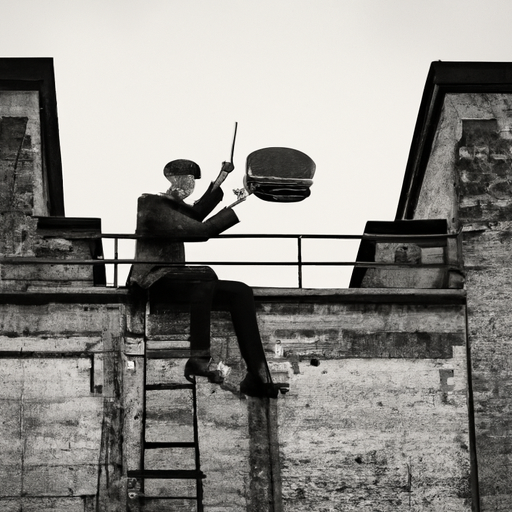 a drummer on top of a building playing drums in an old silent movie